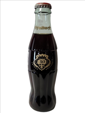 Coca Cola Black Glass Bottle with Gold 30th Anniversary Accents and Red Cap